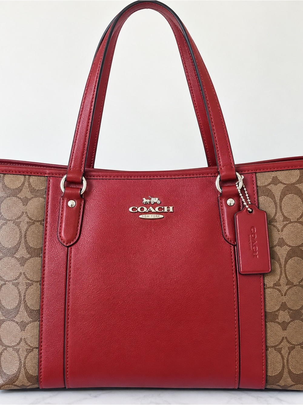 Coach Red Signature Canvas Zip Top Leather & Signature Canvas Tote